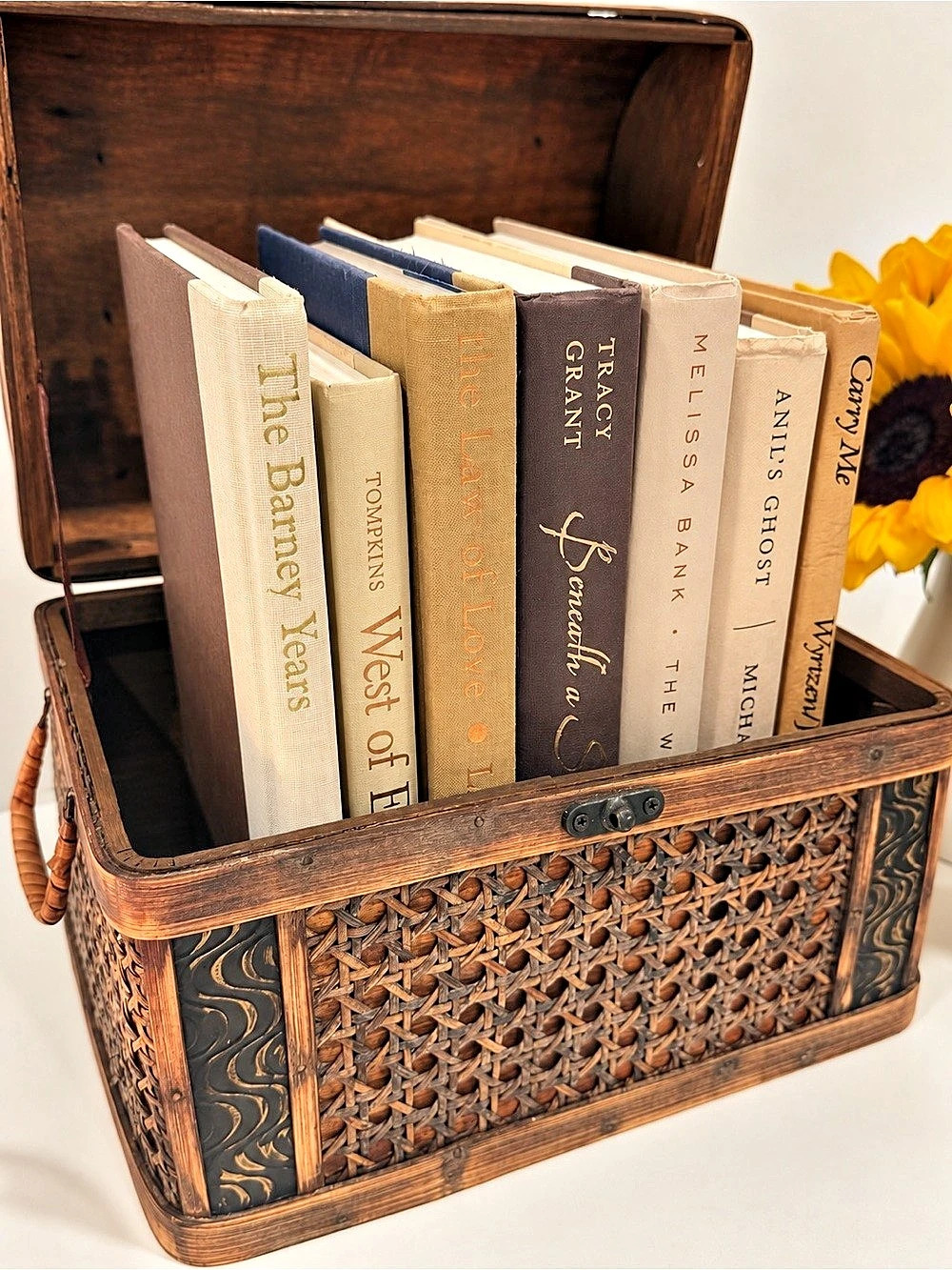 Farmhouse Vintage Books and Decorative Woven Rattan Hinged Storage Basket